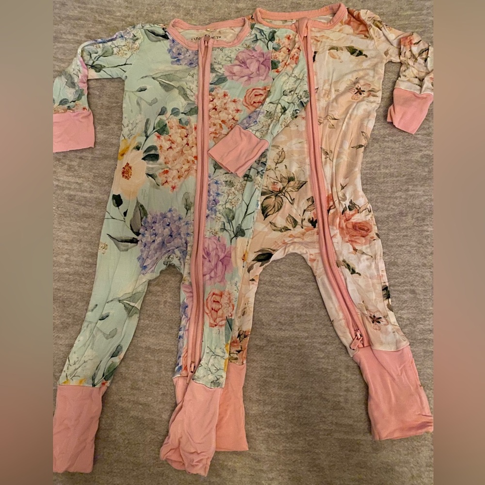 Posh Peanut - Floral Kids One Piece Pajamas - (2) Pink and Turquoise Multicolor